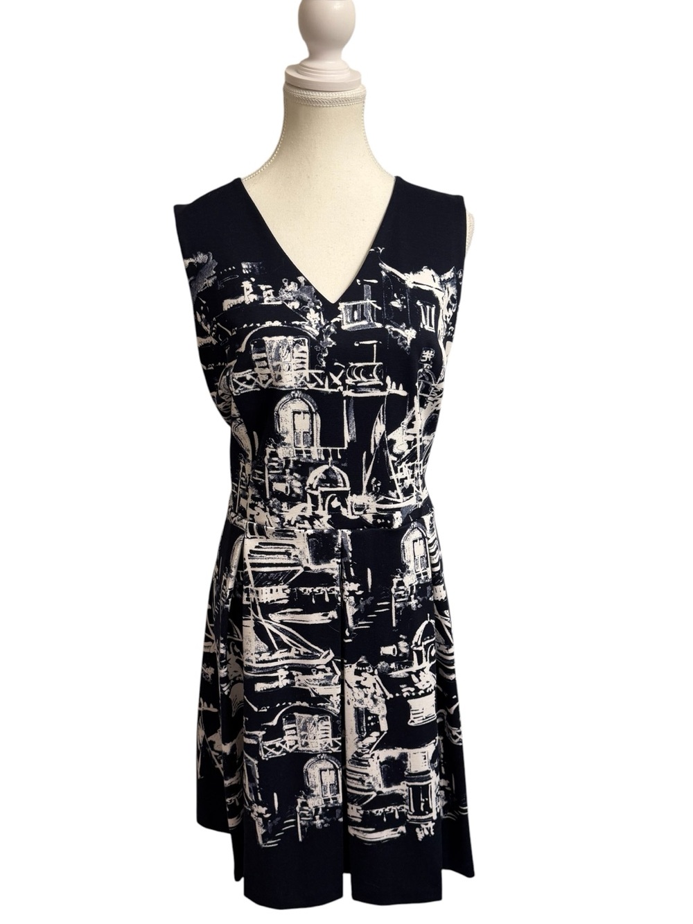 European Seaside Harbor Print Dress Large‎ Coastal Luxe Resort Wear Old Money